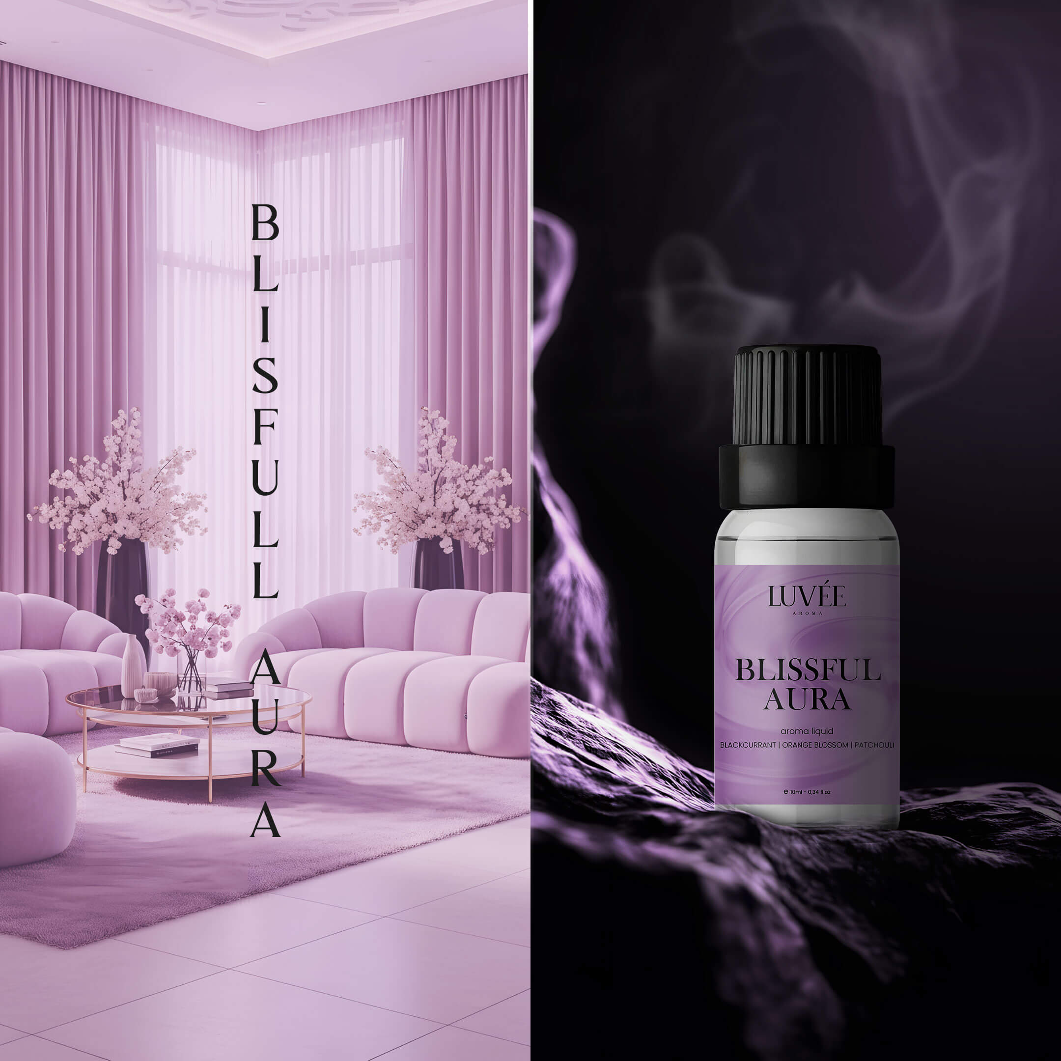 Luvée Blissful Aura diffuser oil – soft, refreshing essential oil blend for an uplifting and serene home environment.