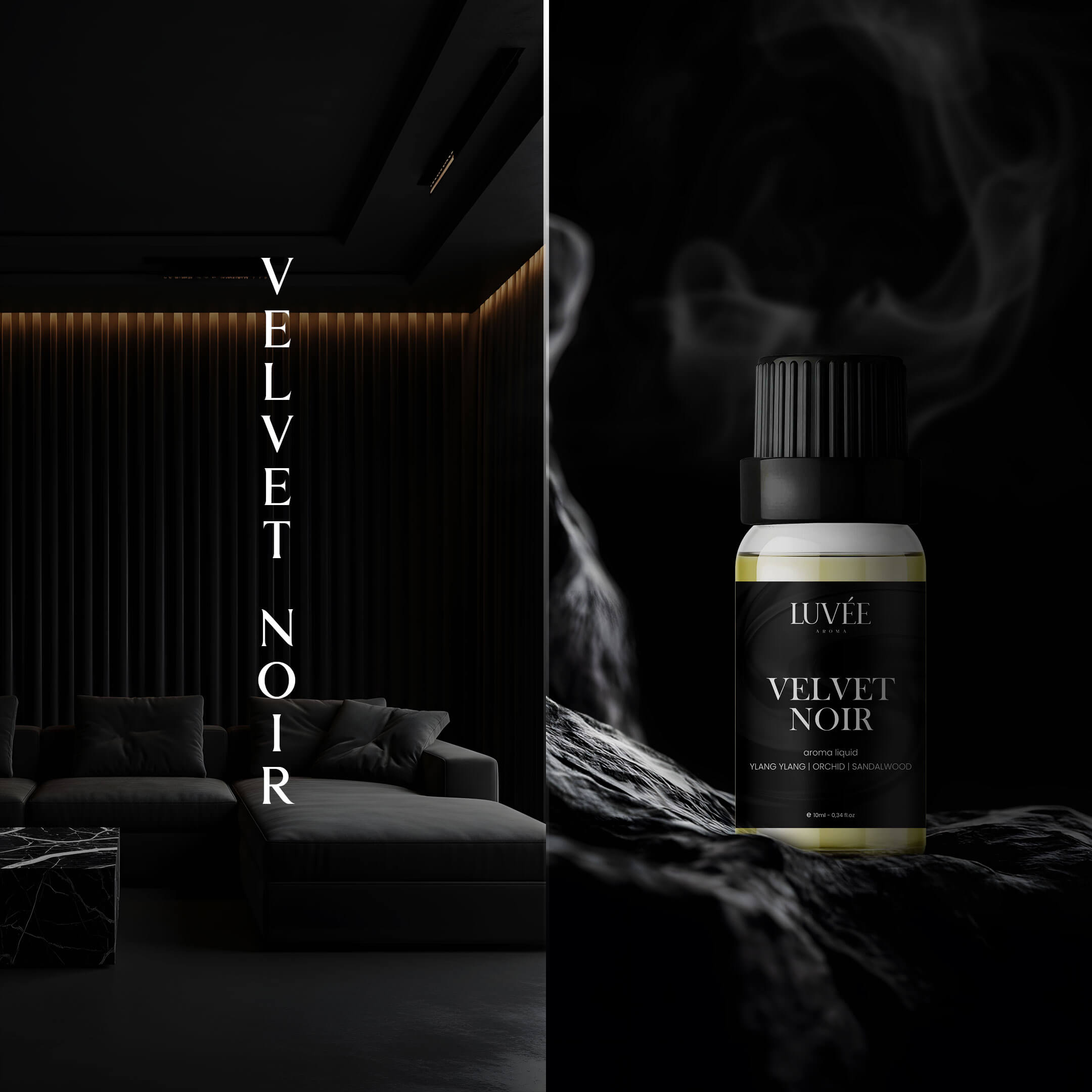Luvée Velvet Noir diffuser oil – bold essential oil blend with warm, dark fragrance for a refined home ambiance.